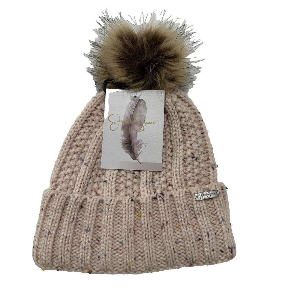 JESSICA SIMPSON Winter Beanie Faux Fur Pom Pom Knit Hat Baby Pink Fairy Boho NWT